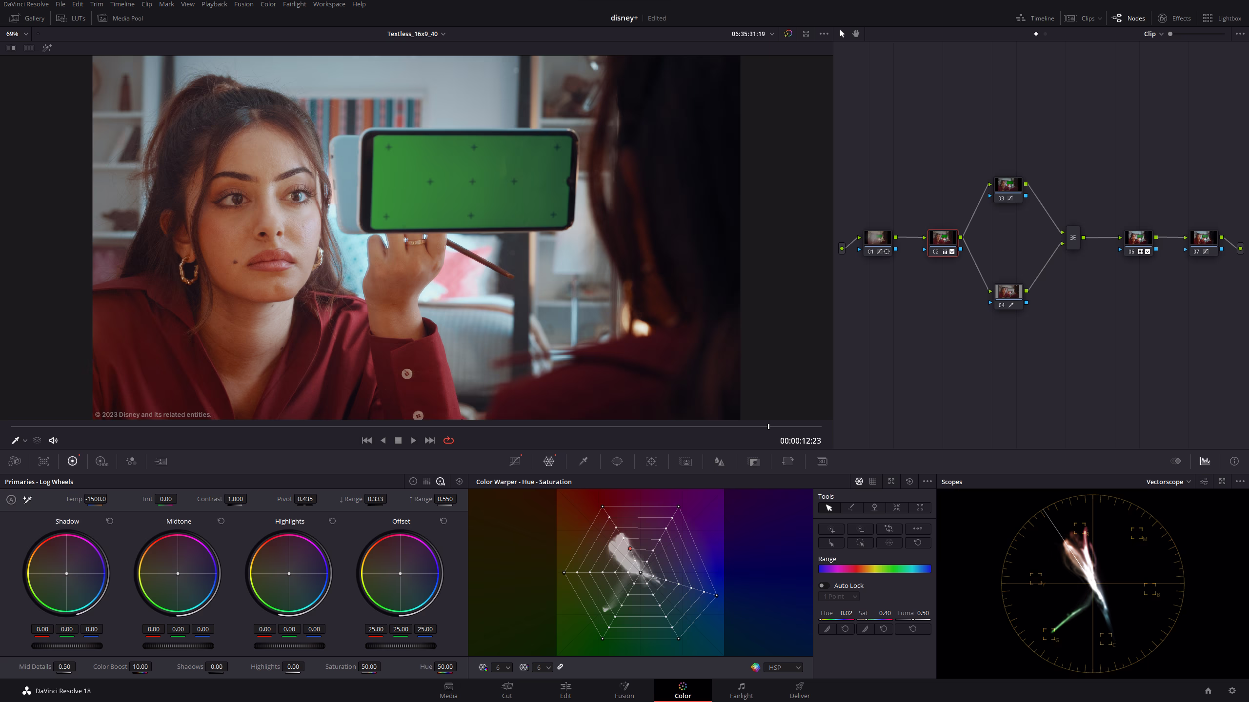 DaVinci Resolve screenshot showing the color grading process of This is Disney+ TVC, with Saudi influencer Jood Aziz in frame.