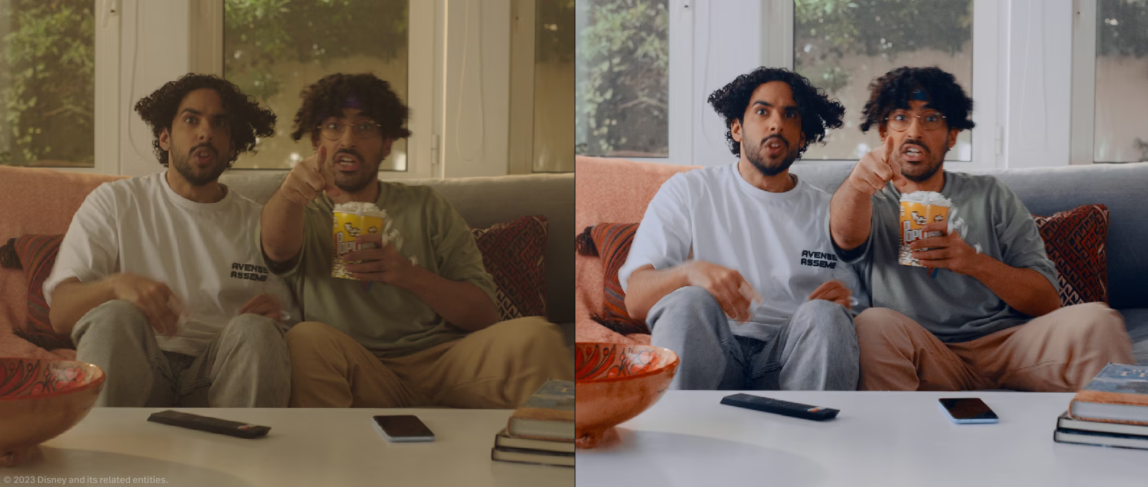 DaVinci Resolve screenshot showing the color grading before/after of This is Disney+ TVC, with Saudi influencers The Saudi Reporters in frame.